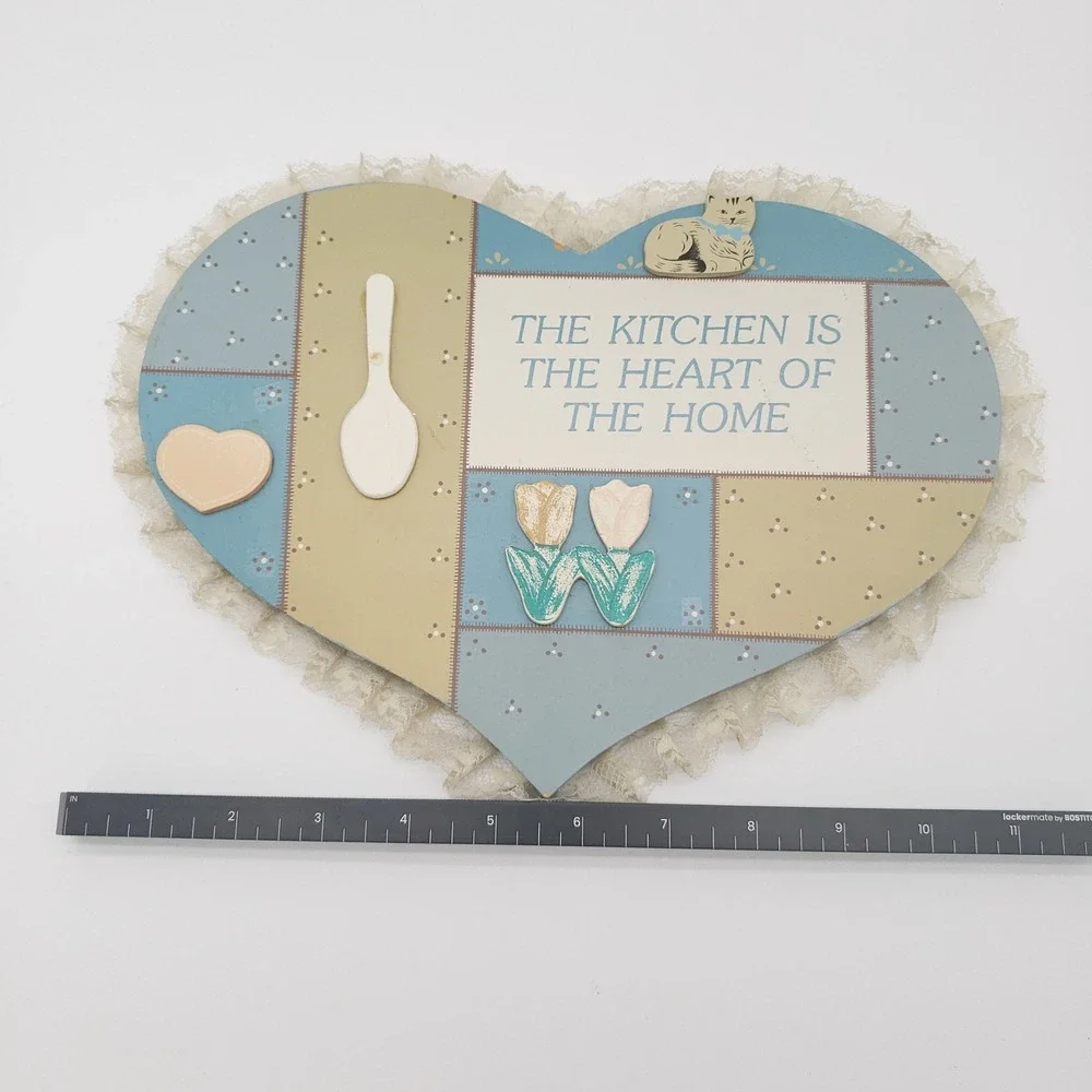 Vintage Cottagecore Heart Wood Kitchen Sign Lace Trim Cat Farmhouse Wall Decor